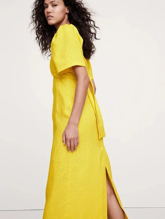 NEW Banana Republic Women Linen Sweetheart Maxi Dress Citrus Yellow Petite 2 - Picture 3 of 4